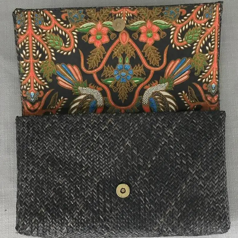 Rattan Clutch w/Batik Print Lining-Black