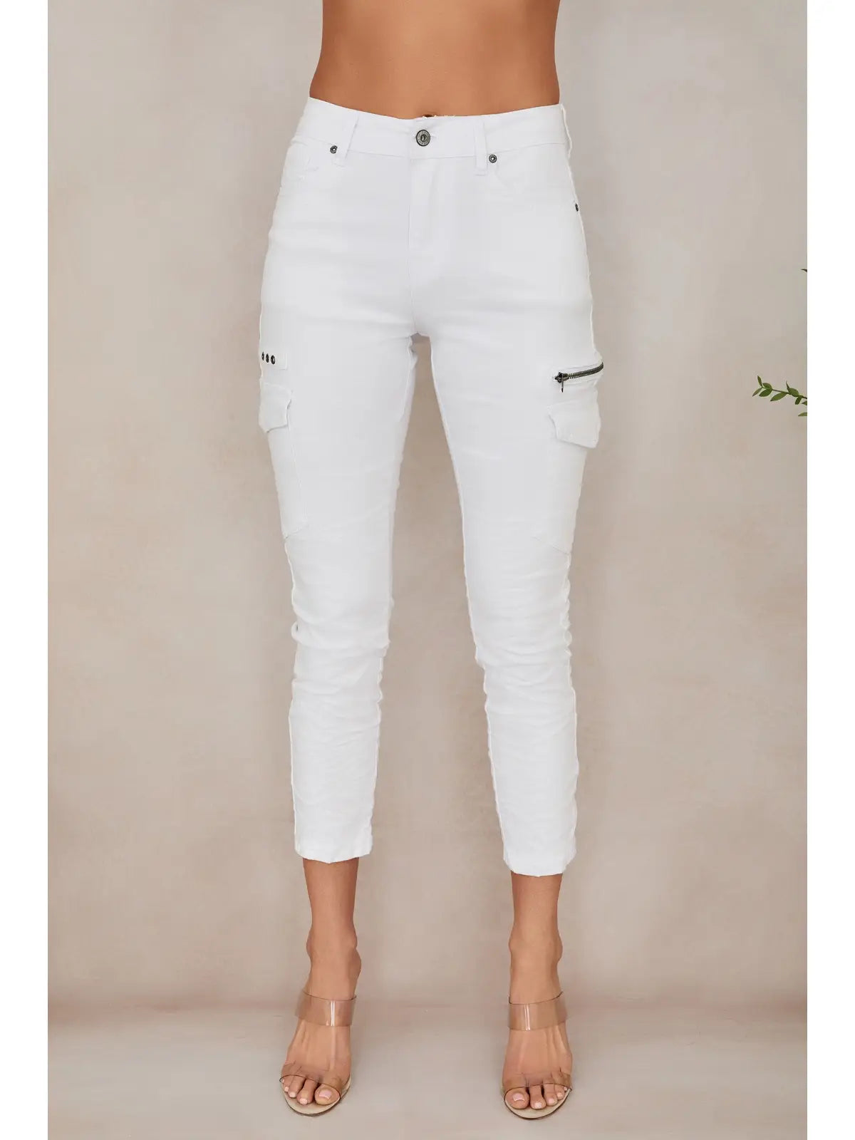 Crinkle Jogger Cargo Pocket Pants w/Zipper-White