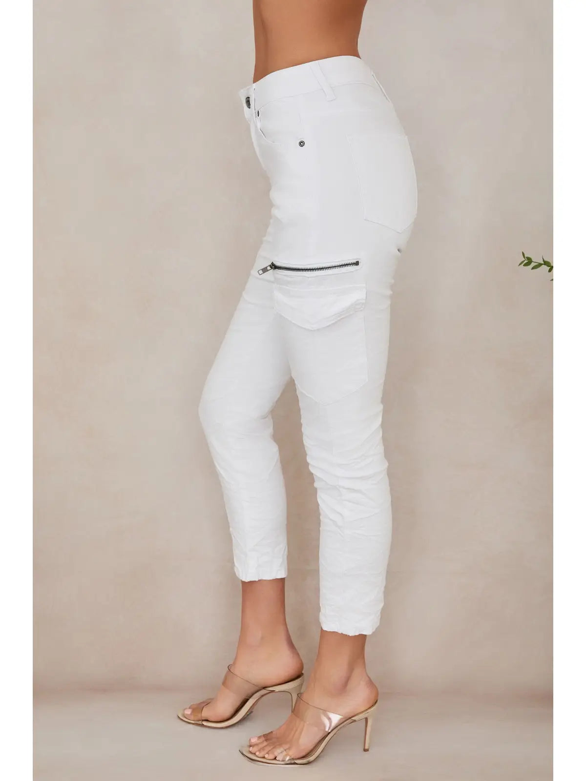 Crinkle Jogger Cargo Pocket Pants w/Zipper-White