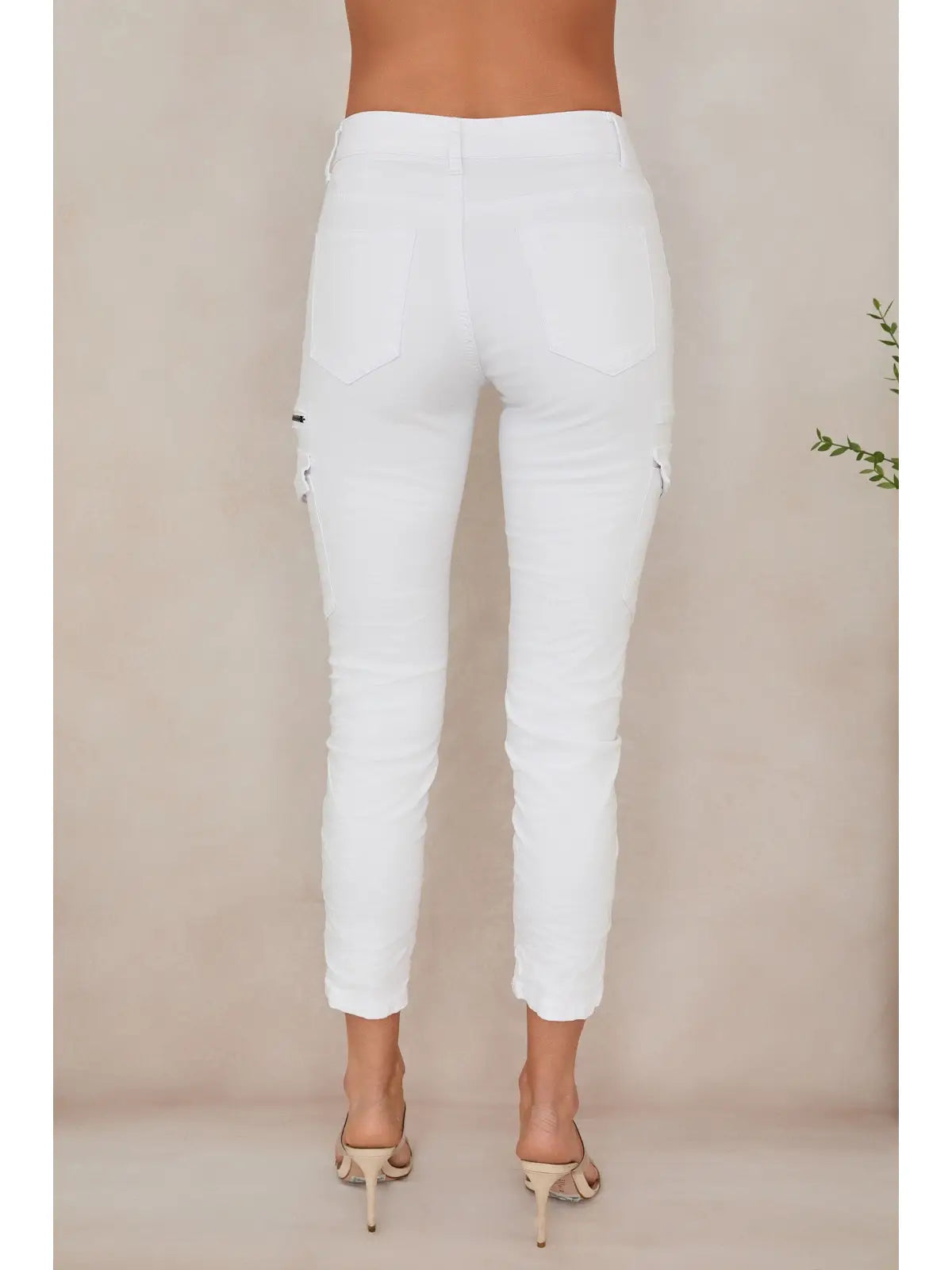 Crinkle Jogger Cargo Pocket Pants w/Zipper-White