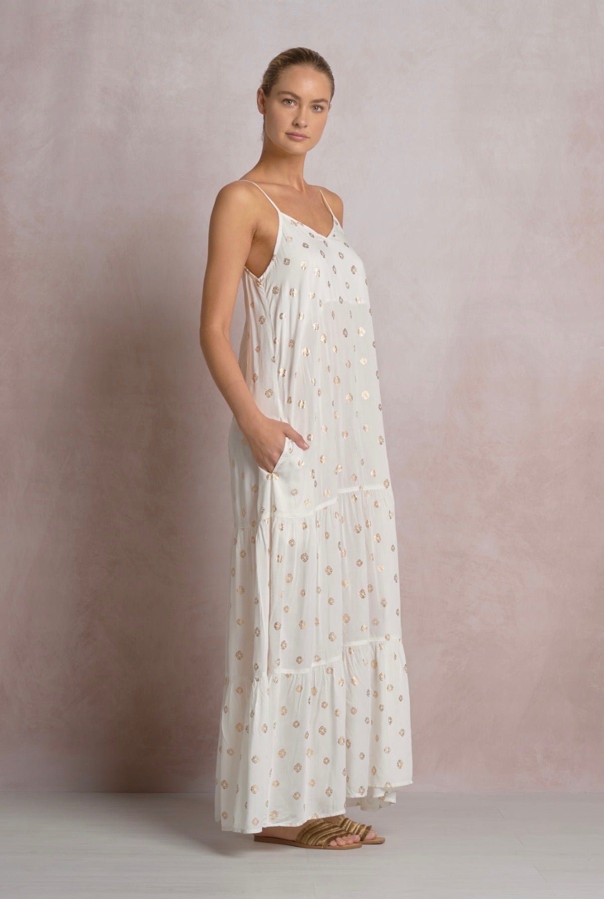 Maxi Spaghetti Strap Dress-White Polka