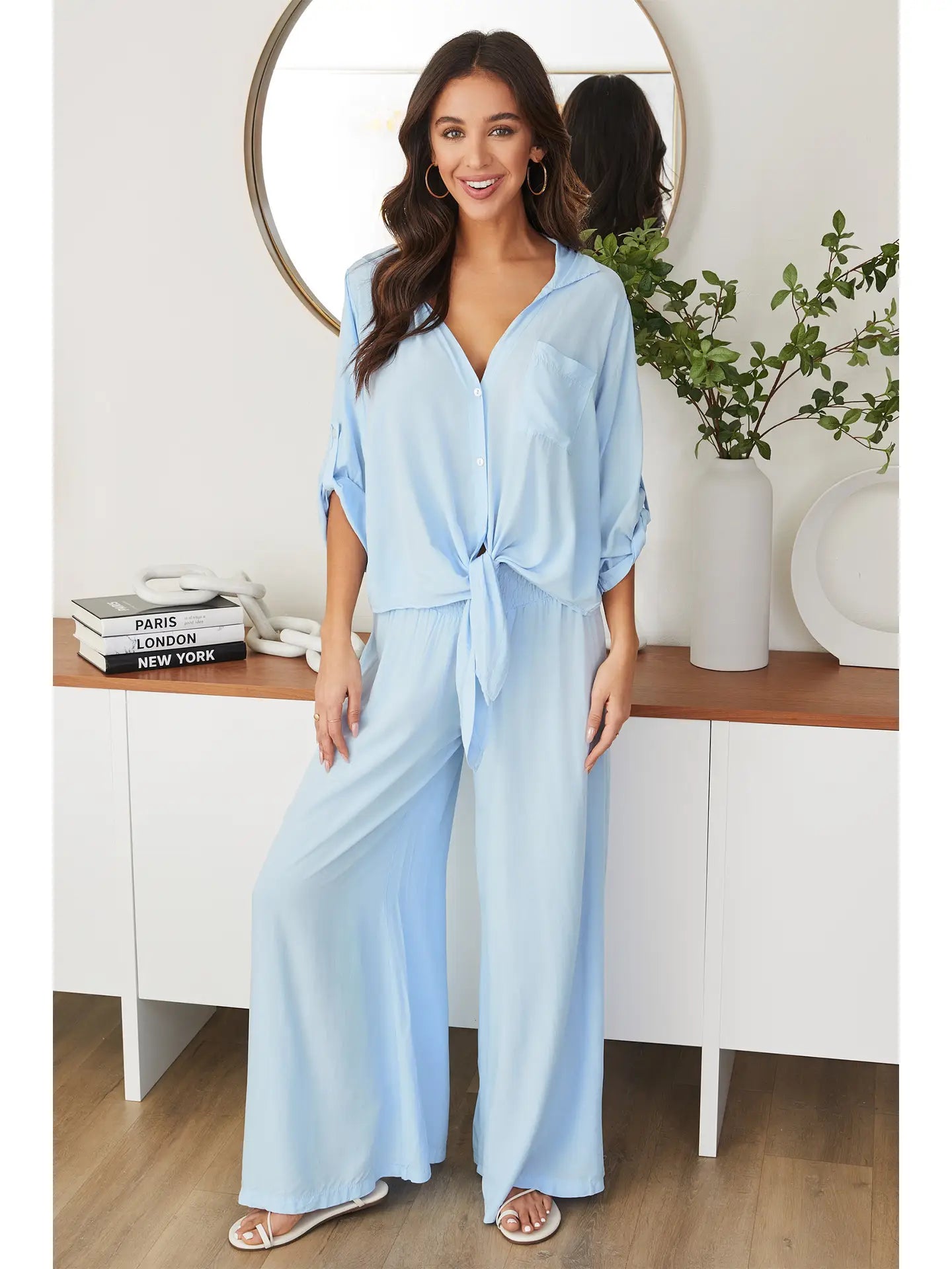 Viscose Front Tie Button Down Shirt-Sky Blue