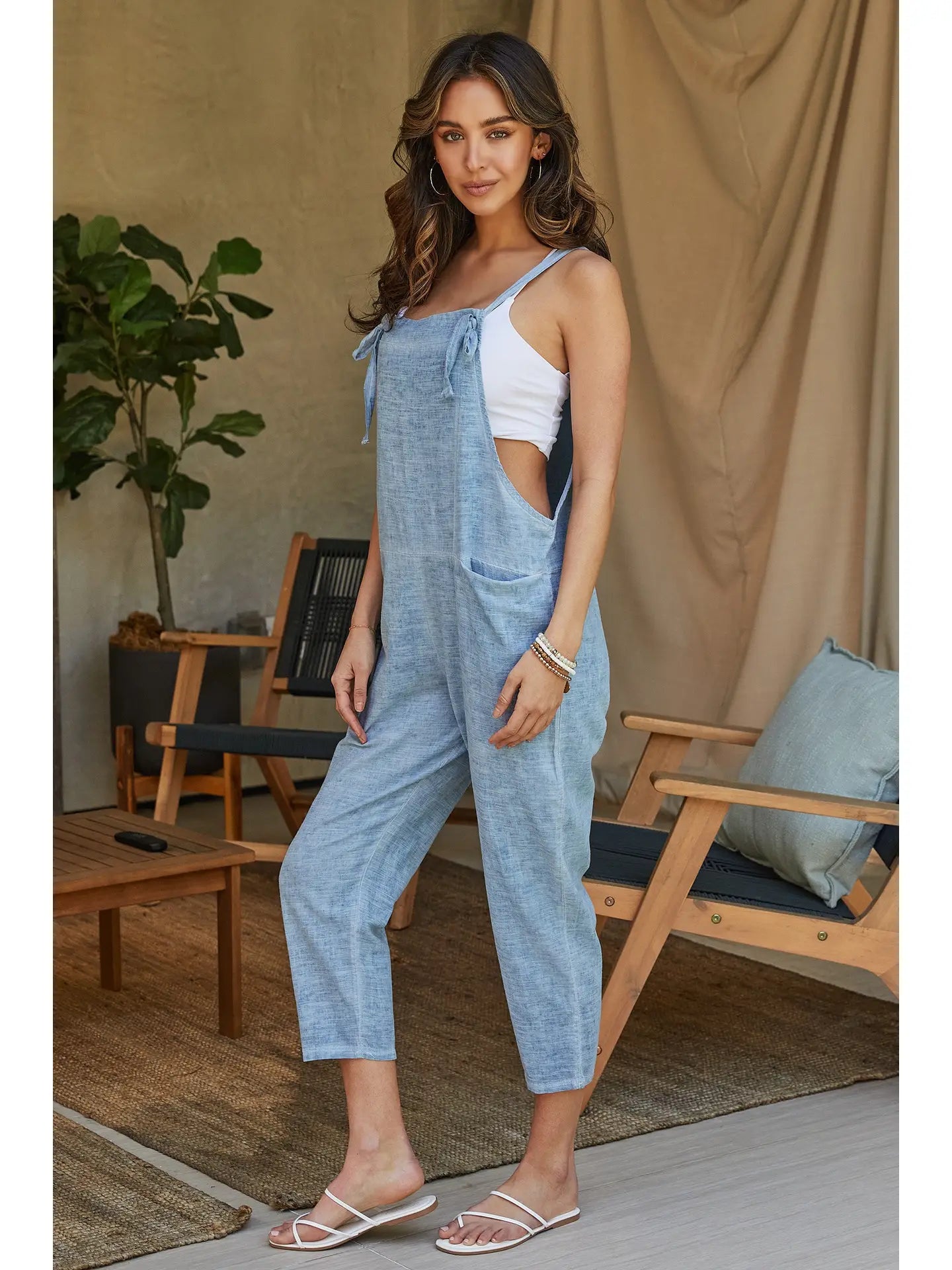 Italian Linen Front Pocket Everyday Overalls-Denim Blue