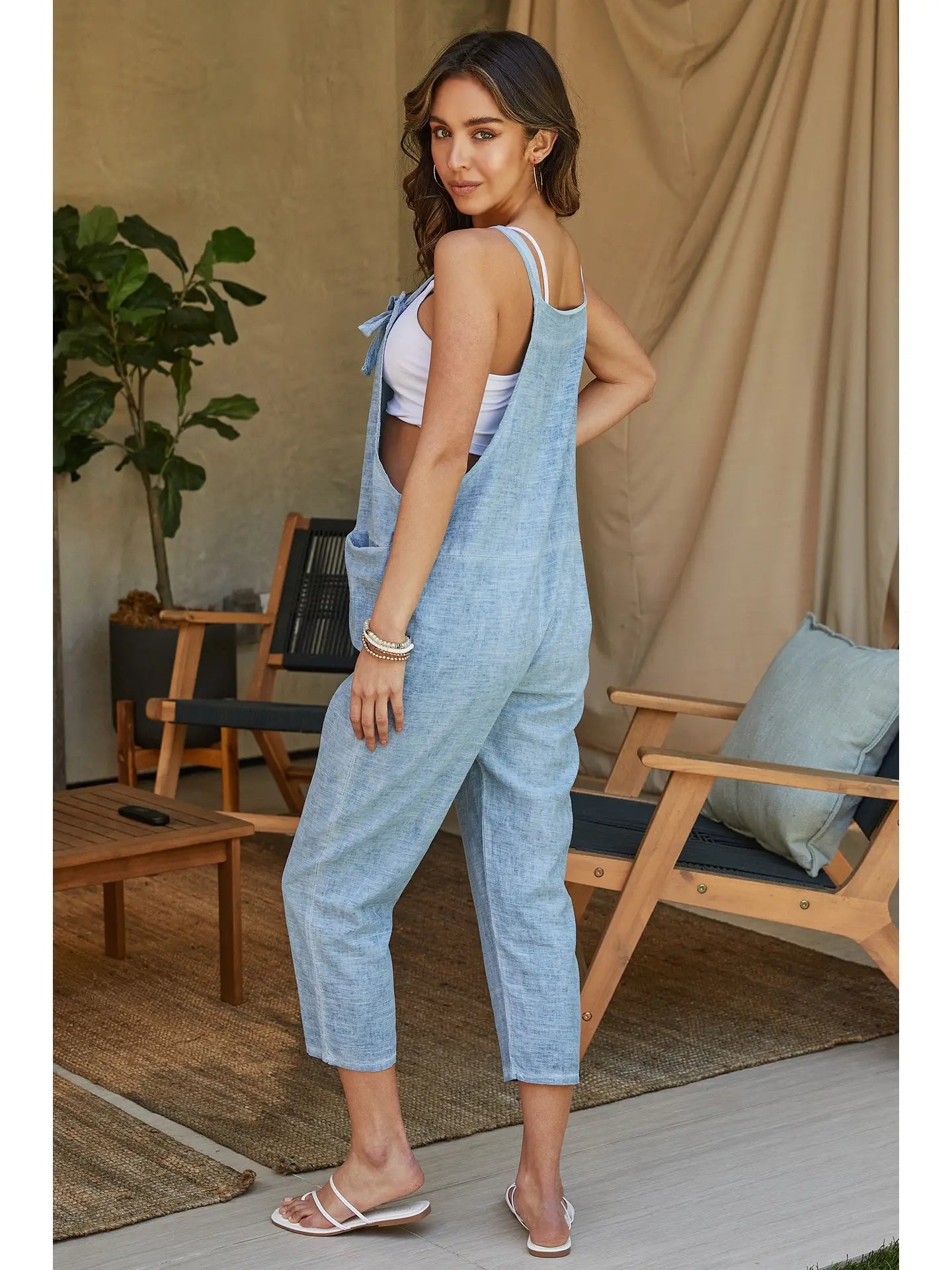 Italian Linen Front Pocket Everyday Overalls-Denim Blue