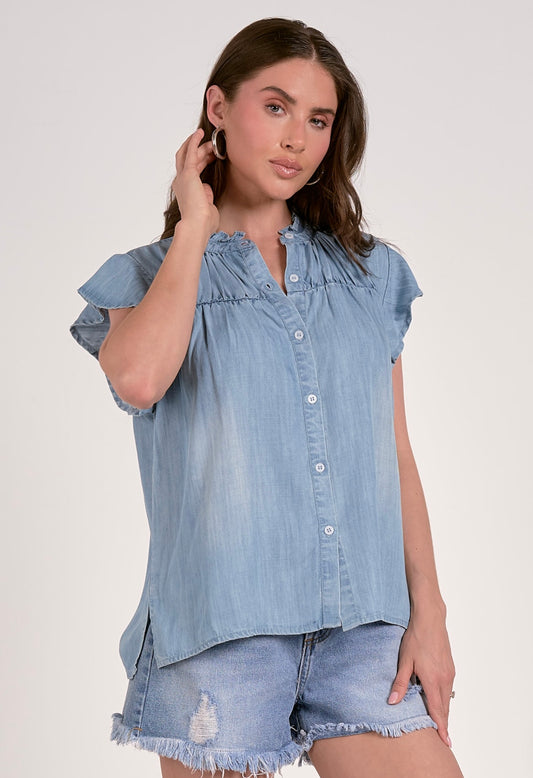 Cap Sleeve Button Down Top-Blue