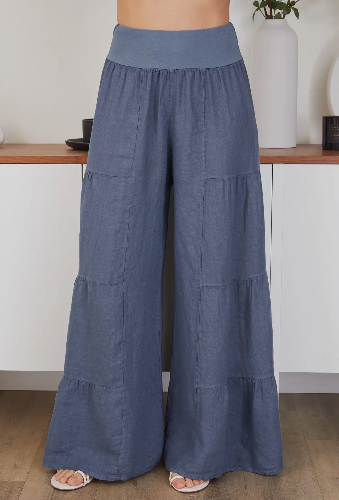 Linen Tiered Palazzo Pants-Denim