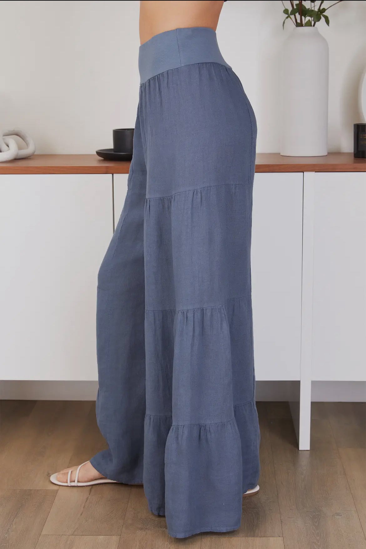 Linen Tiered Palazzo Pants-Denim