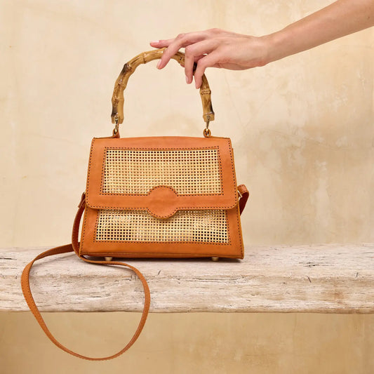 Rattan Cane Weave Handbag w/Bamboo Handle