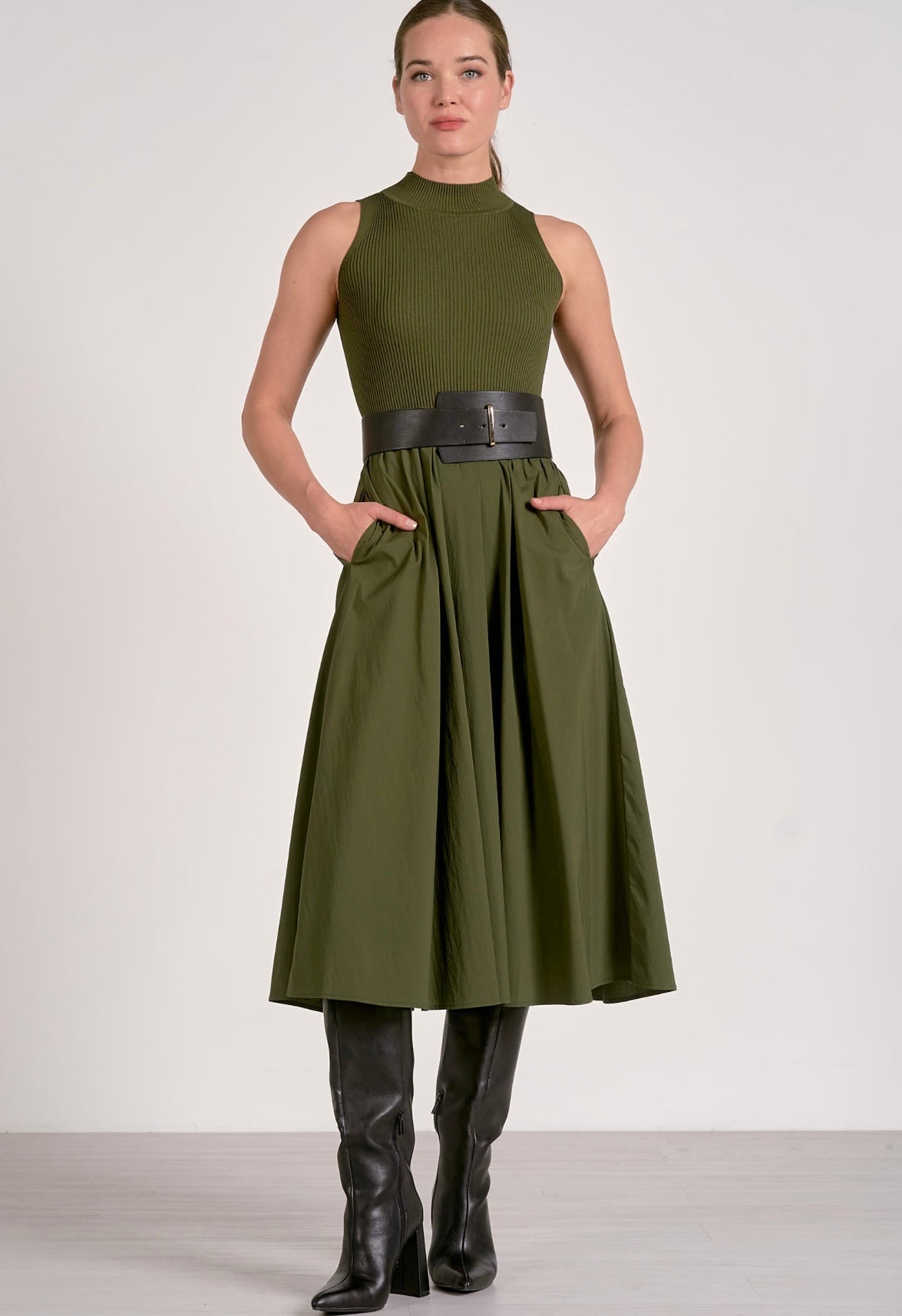 Maxi Mock Neck Sleeveless Dress-Pine