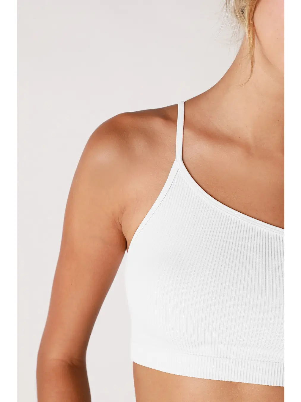 One Shoulder Ribbed Bralette-White