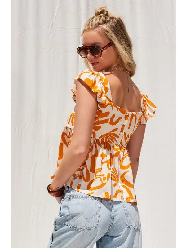 Printed Button Back Top-Tangerine