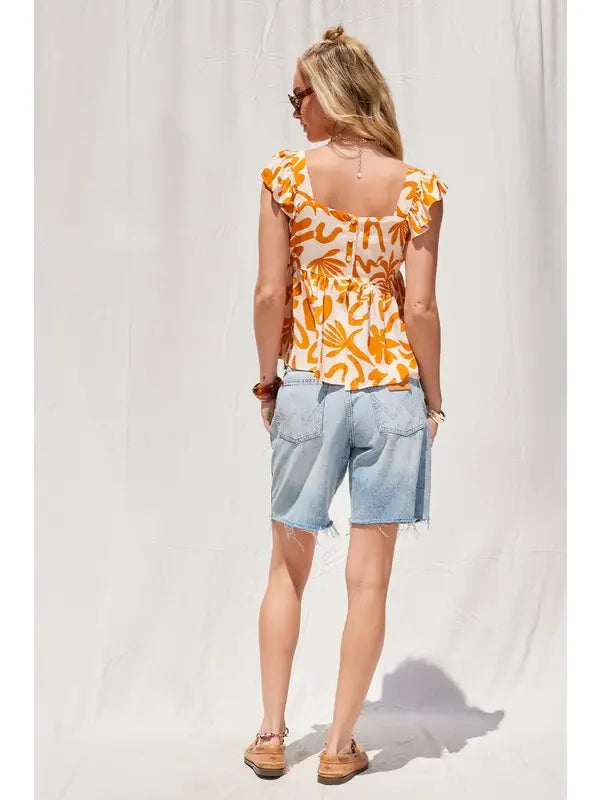 Printed Button Back Top-Tangerine