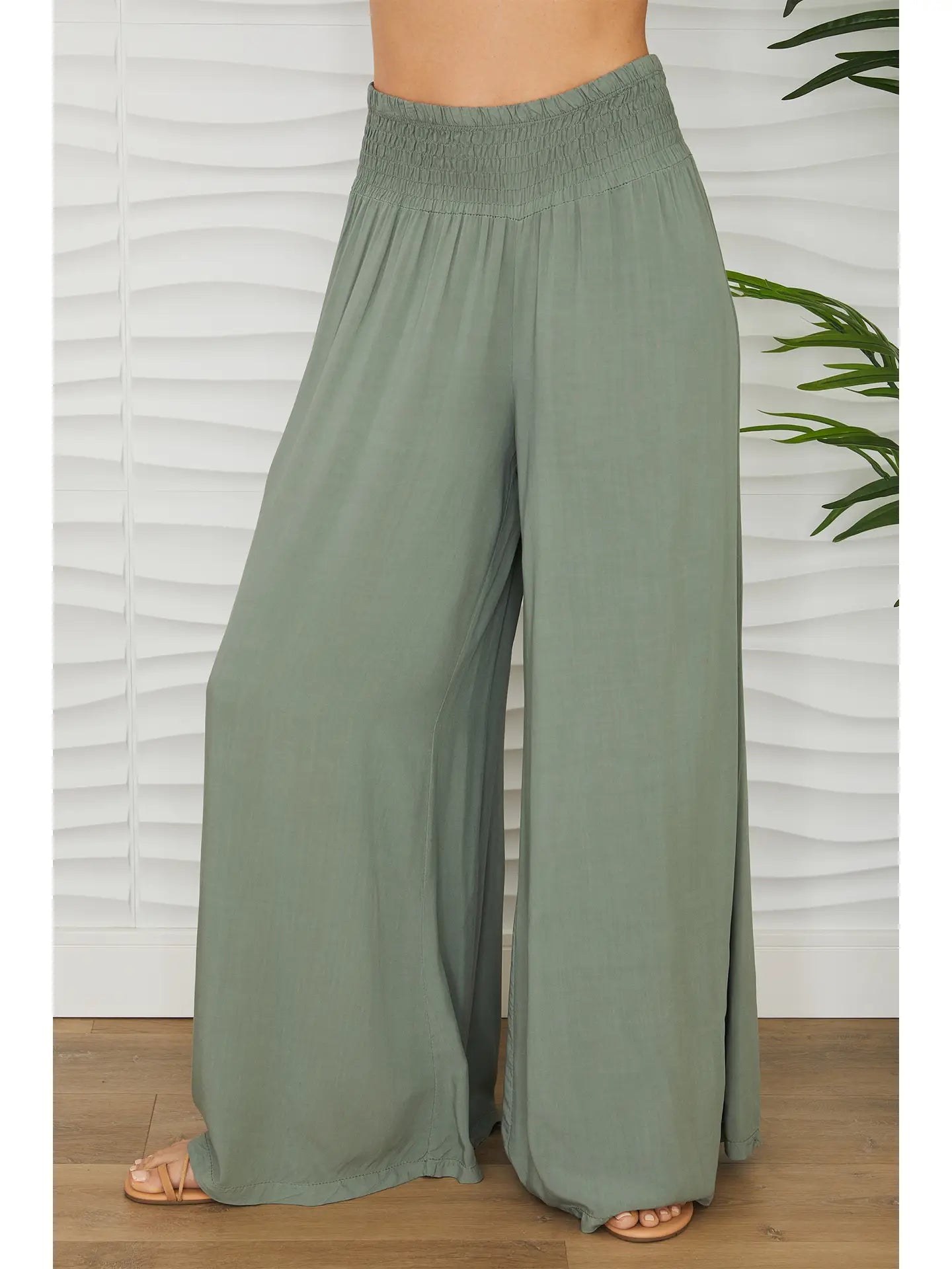 Viscose Elastic Smocked Waist Palazzo Pants-Army