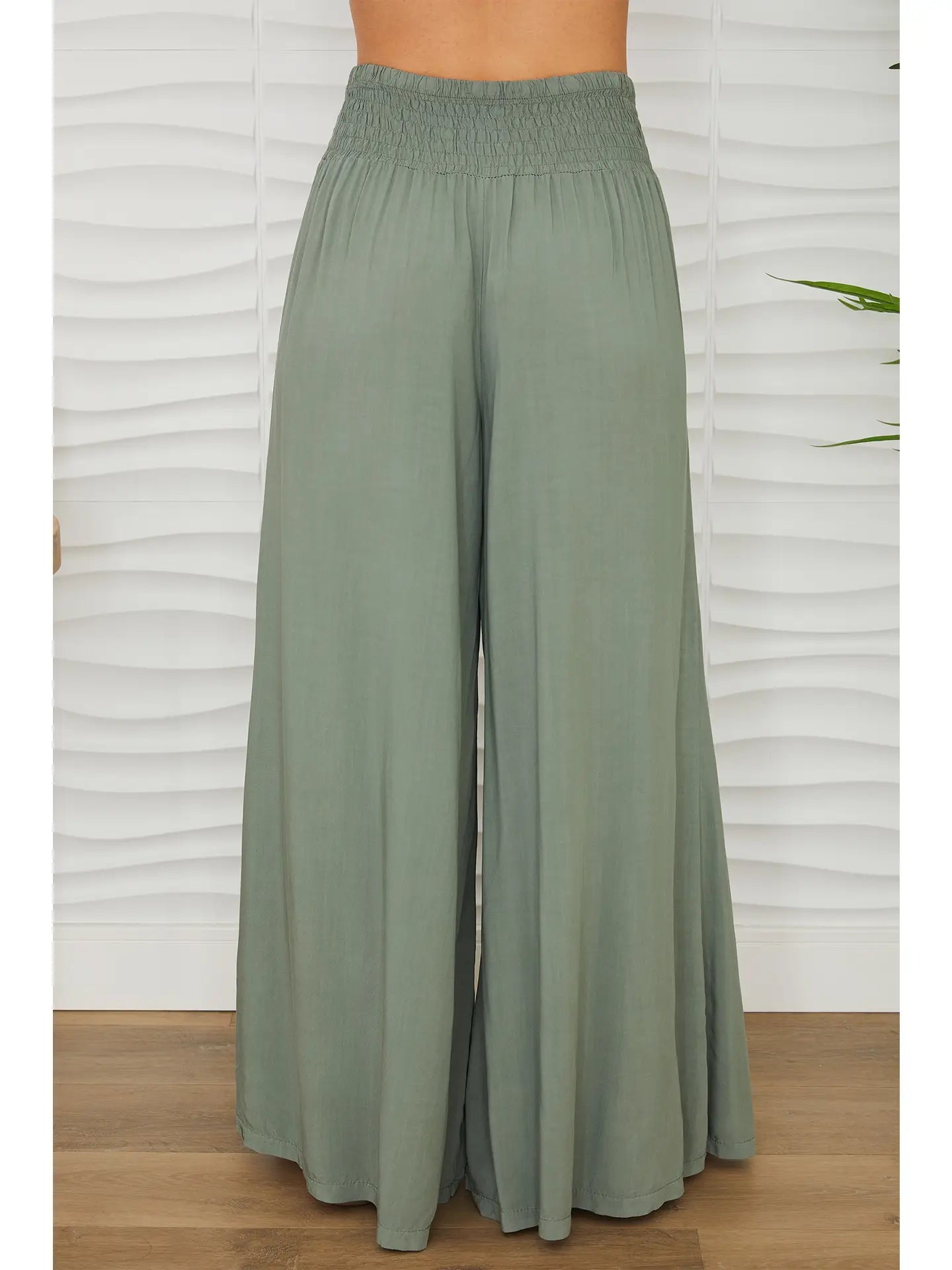 Viscose Elastic Smocked Waist Palazzo Pants-Army