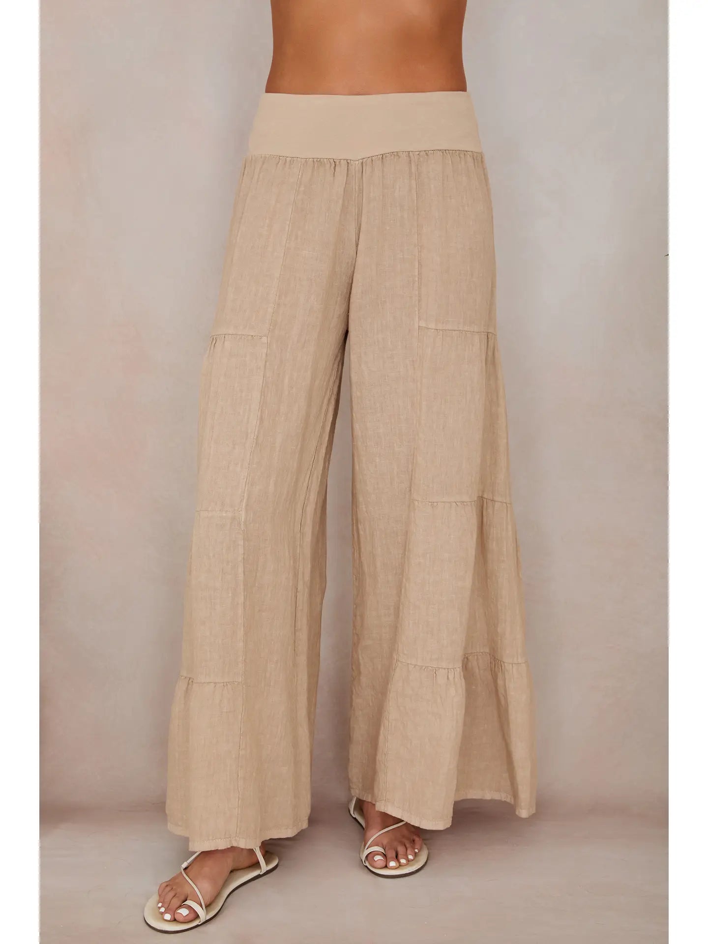 Linen Tiered Palazzo Pants-Earth Beige