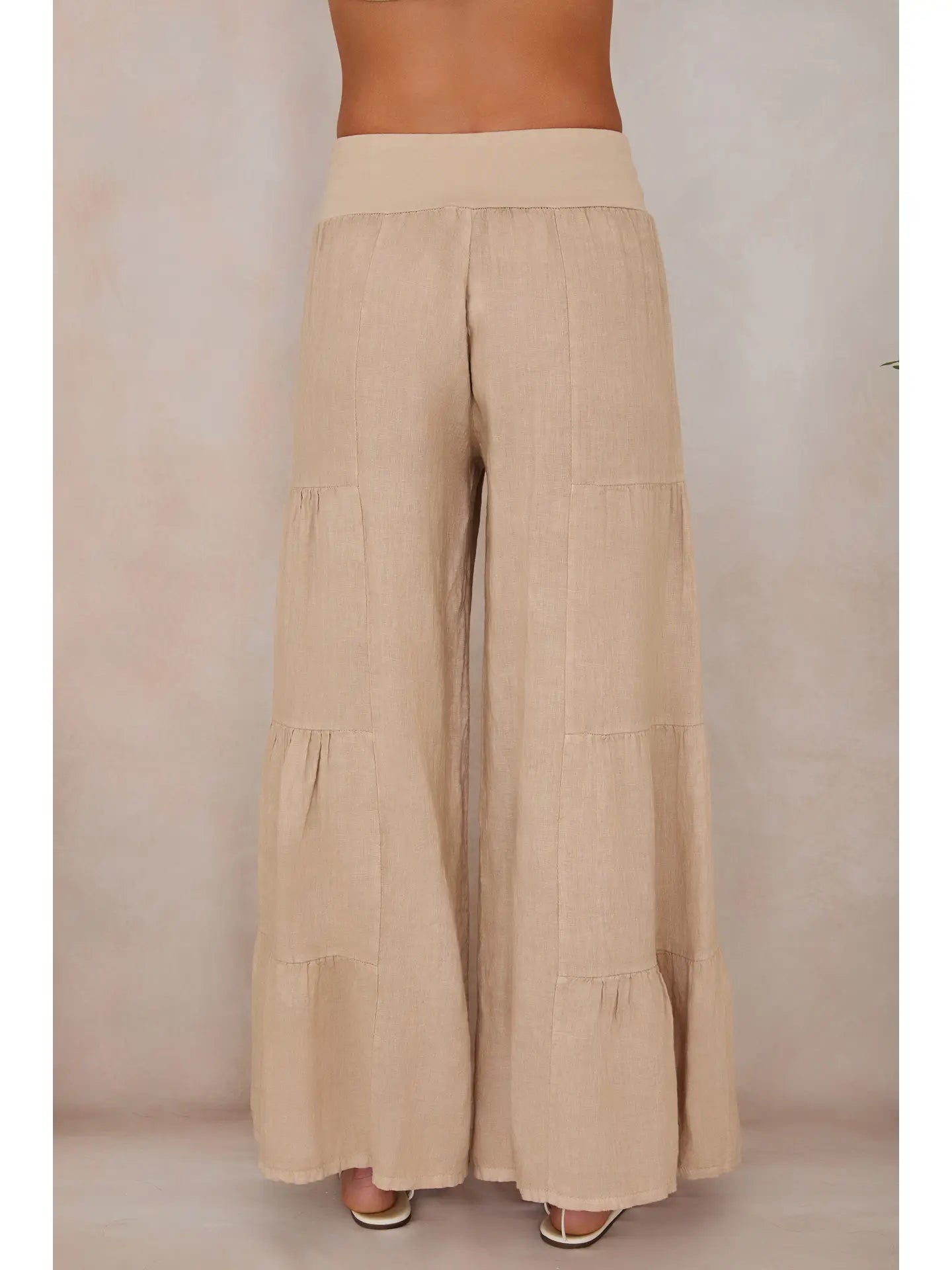 Linen Tiered Palazzo Pants-Earth Beige
