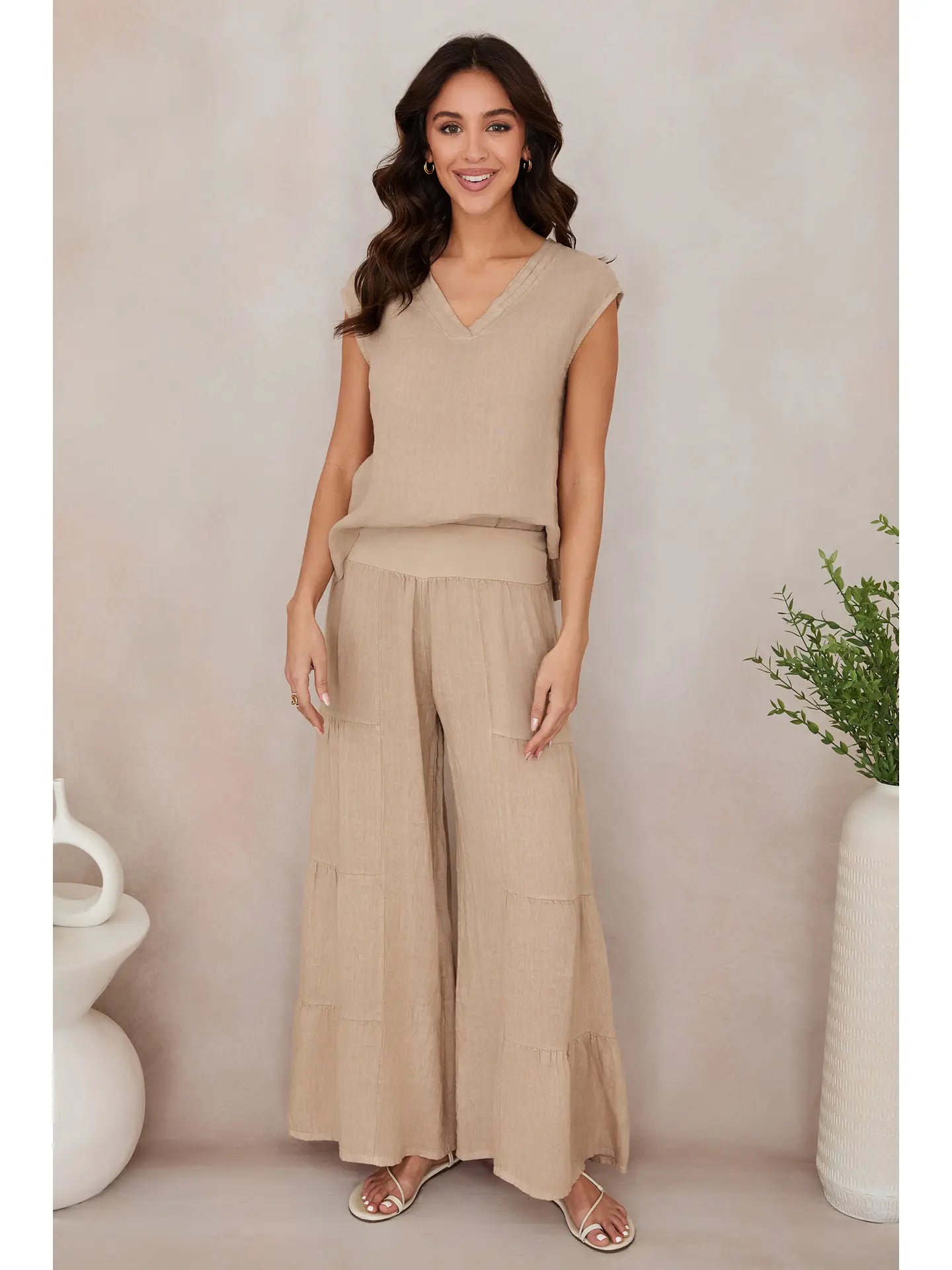 Linen Tiered Palazzo Pants-Earth Beige