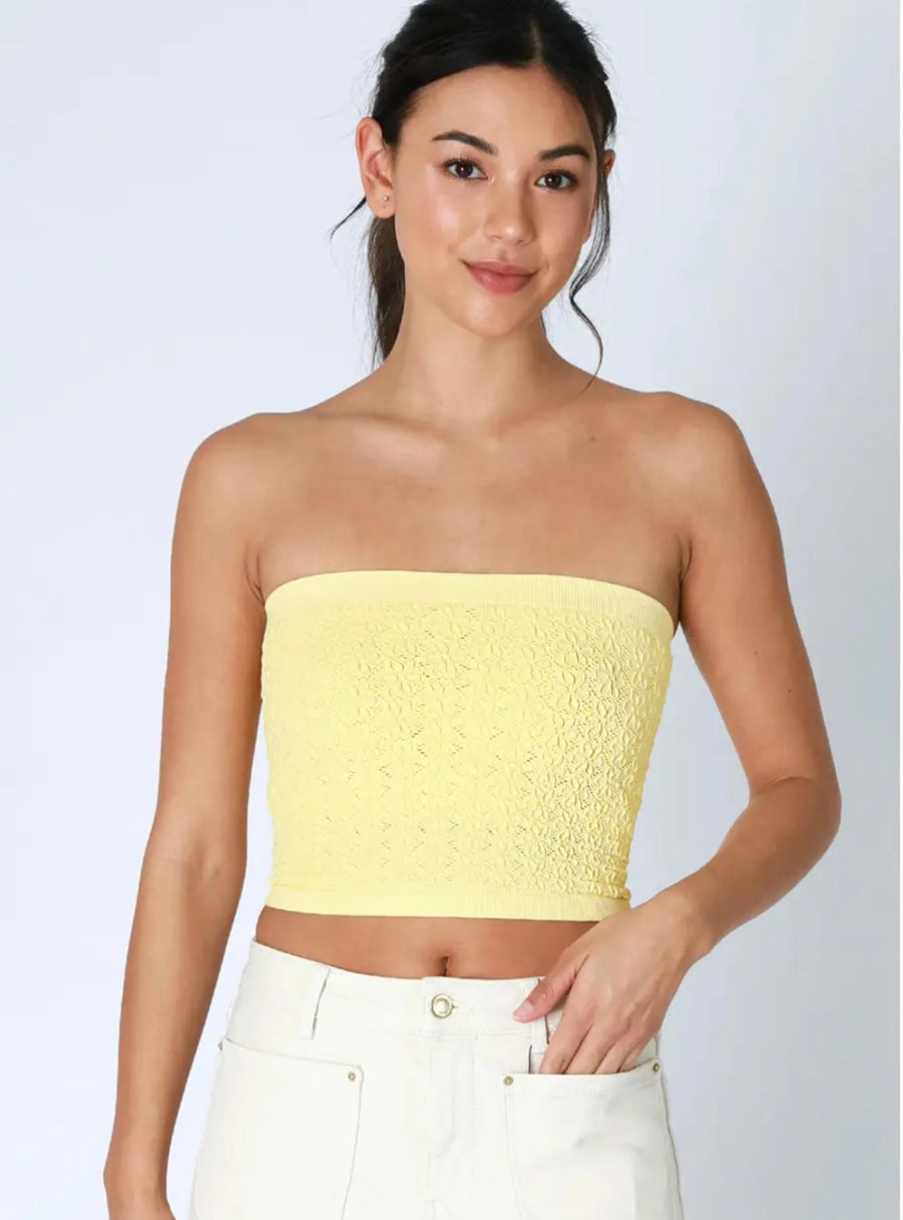 Floral Lace Tube Top-Pale Lemon