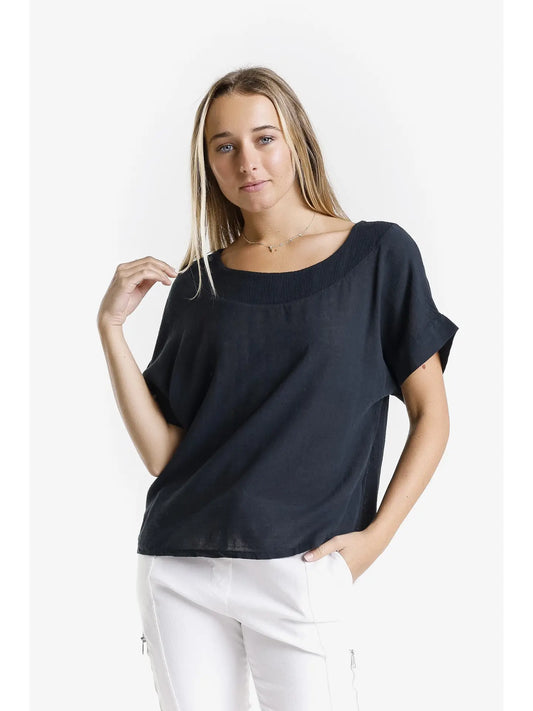 Short Sleeve Yoke Neck Top-Black