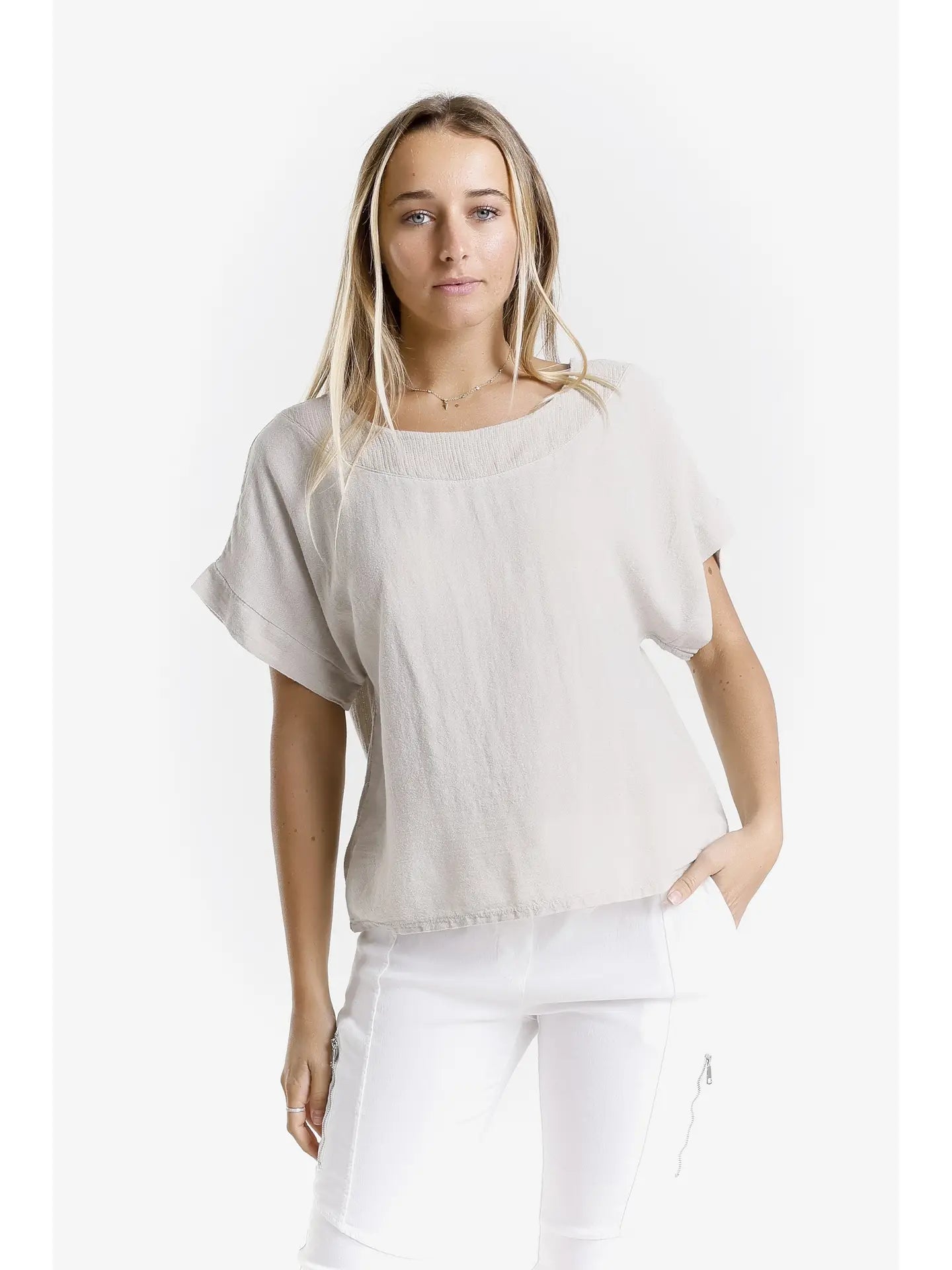 Short Sleeve Yoke Neck Top-Stone