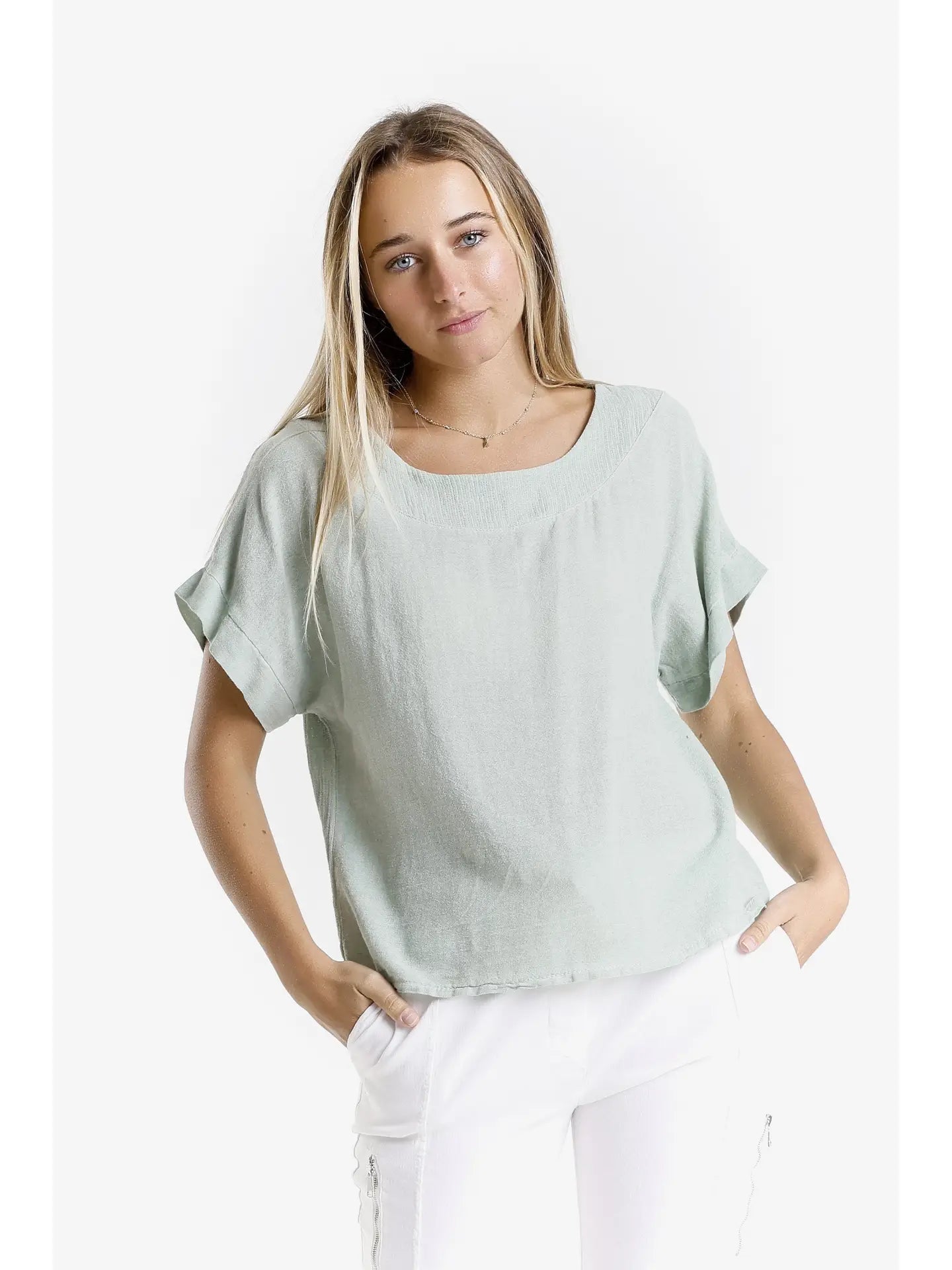 Short Sleeve Yoke Neck Top-Army