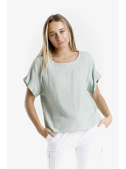 Short Sleeve Yoke Neck Top-Army Enzyme