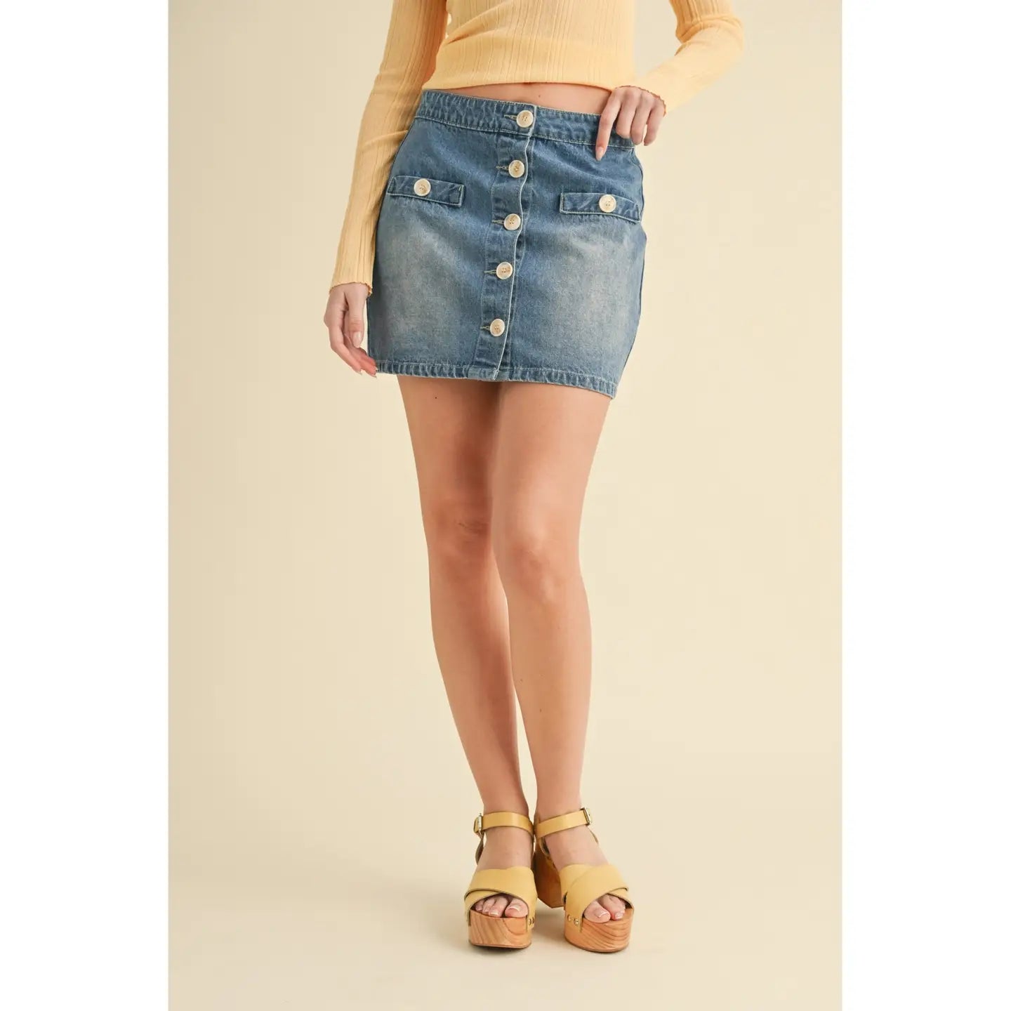 Denim Button Front Mini Skirt-Medium Wash