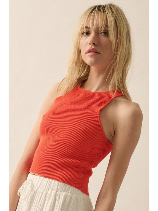 Shaper Fit Crewneck Rib Knit Crop Tank Top-Cherry Tomato