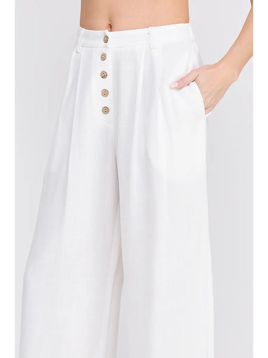Soft Linen High-Waist w/Coconut Button Pants- Off White