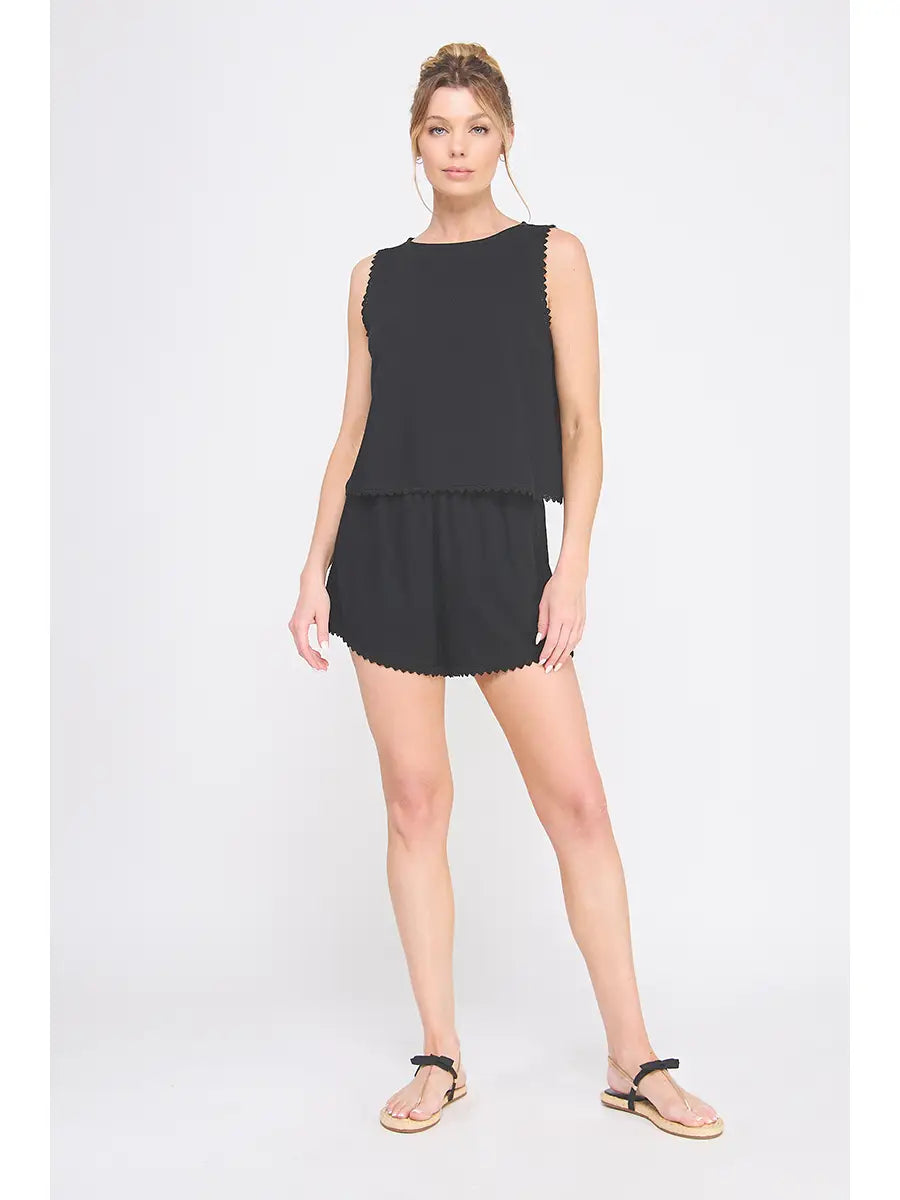 Soft Linen Blend Top Crochet Lace Trim-Black