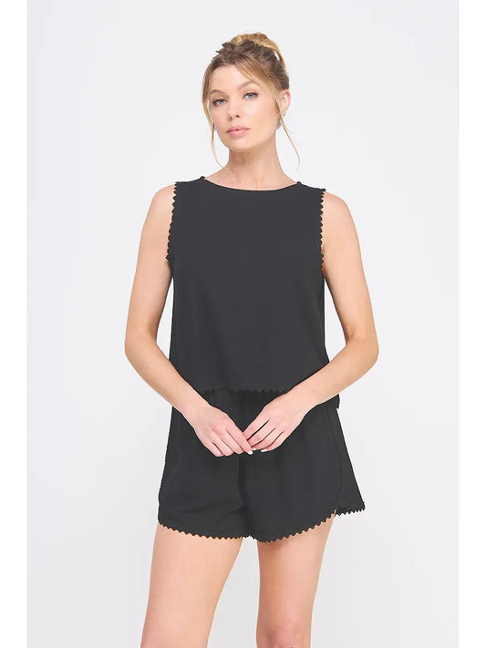 Soft Linen Blend Top Crochet Lace Trim-Black