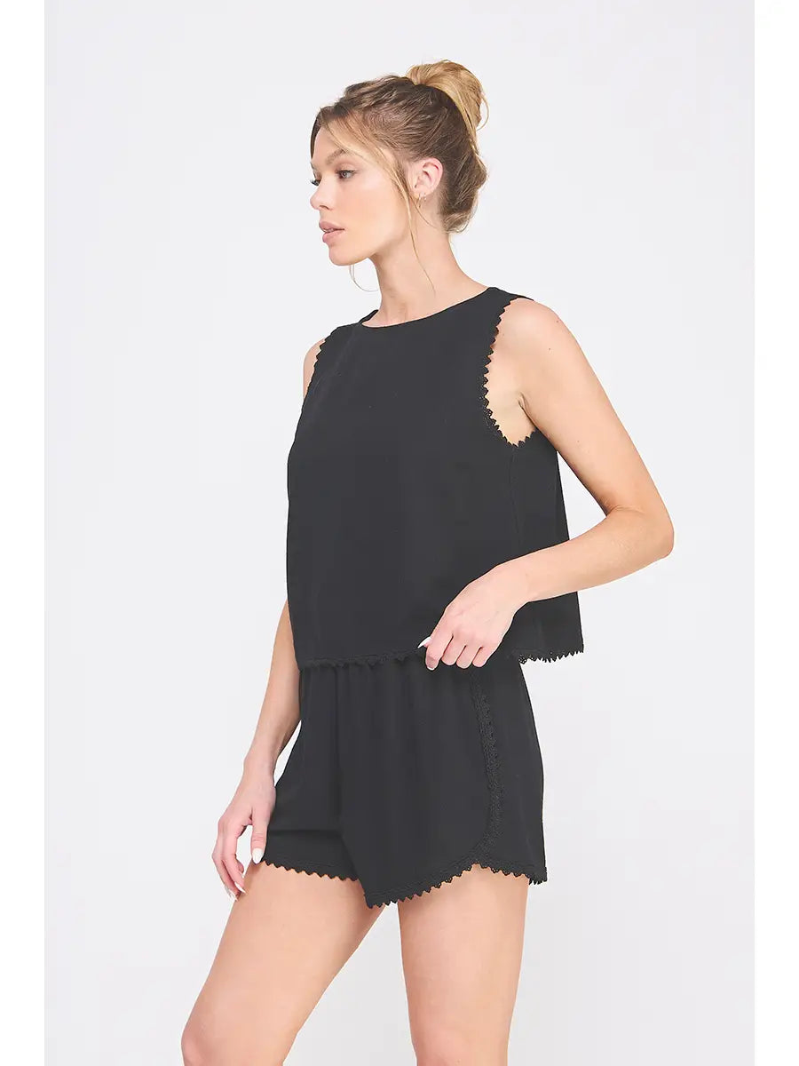 Soft Linen Blend Top Crochet Lace Trim-Black