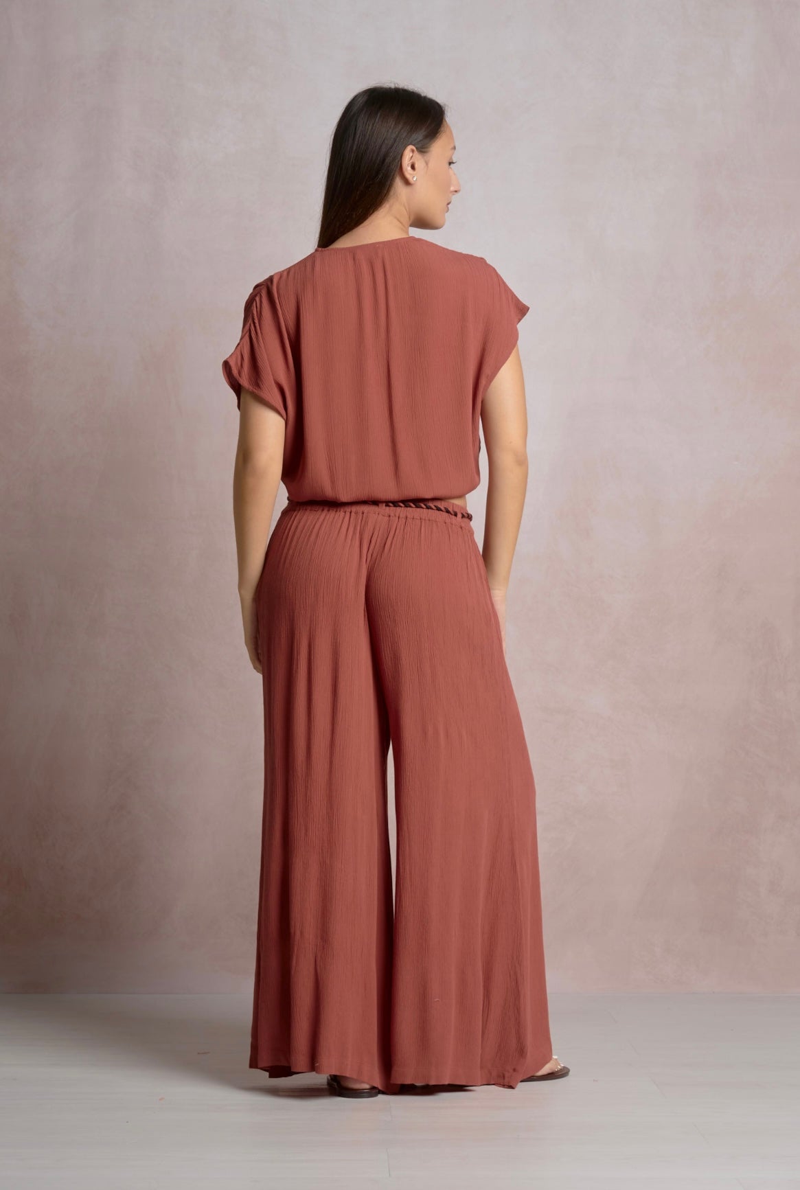 Short Sleeve V-Neck Crop Top-Dark Cayenne