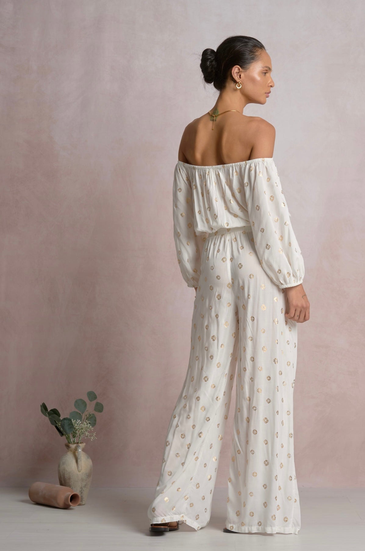 3/4 Sleeve Off Shoulder Top-White Polka