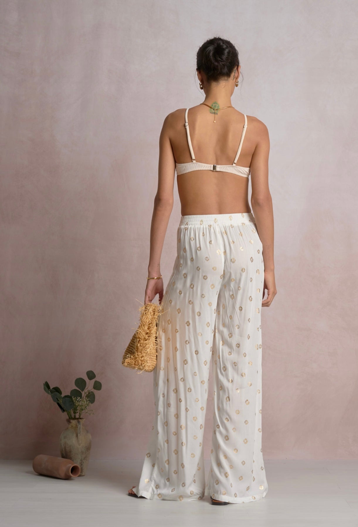Faux Wrap Pants-White Polka
