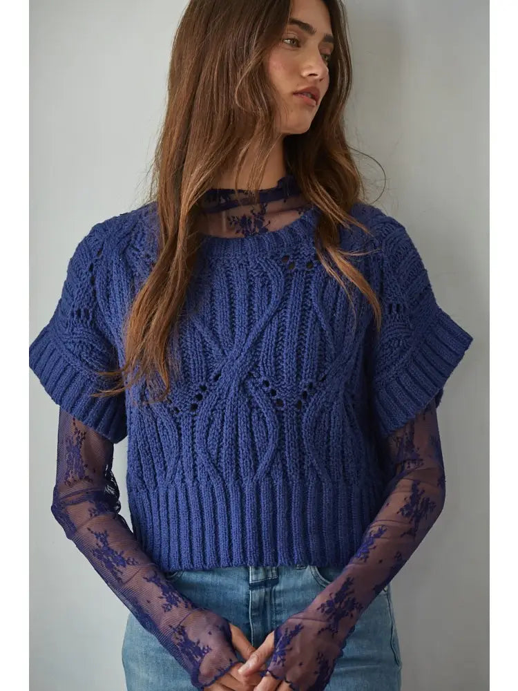 Sweater Knit Crochet Round Neck Short Sleeve Top-Navy