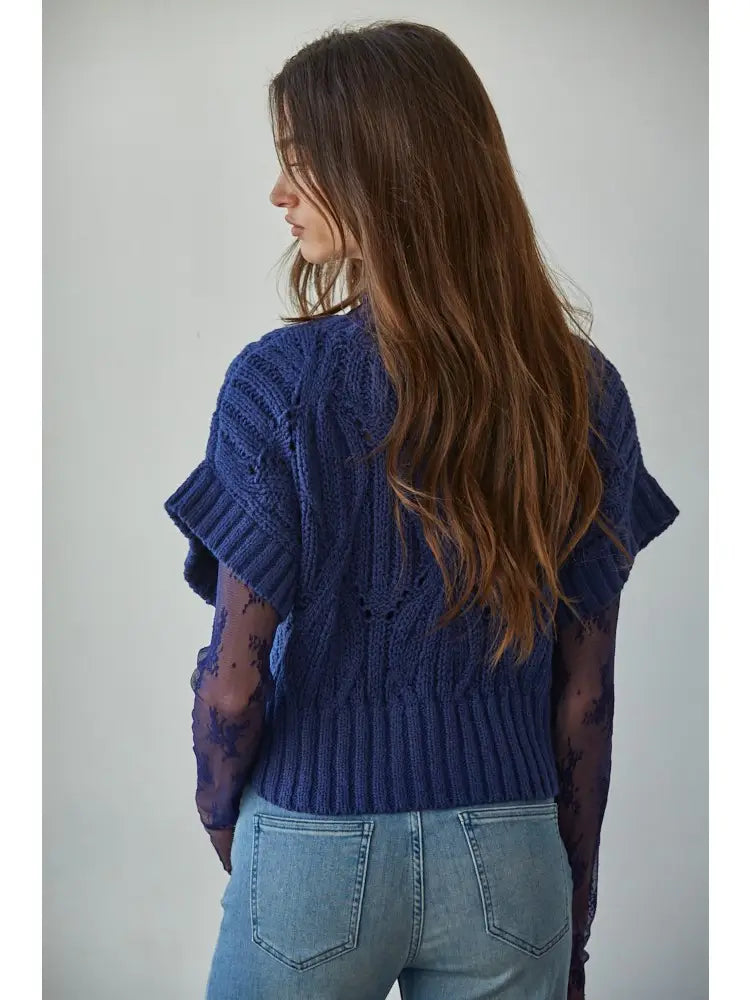Sweater Knit Crochet Round Neck Short Sleeve Top-Navy