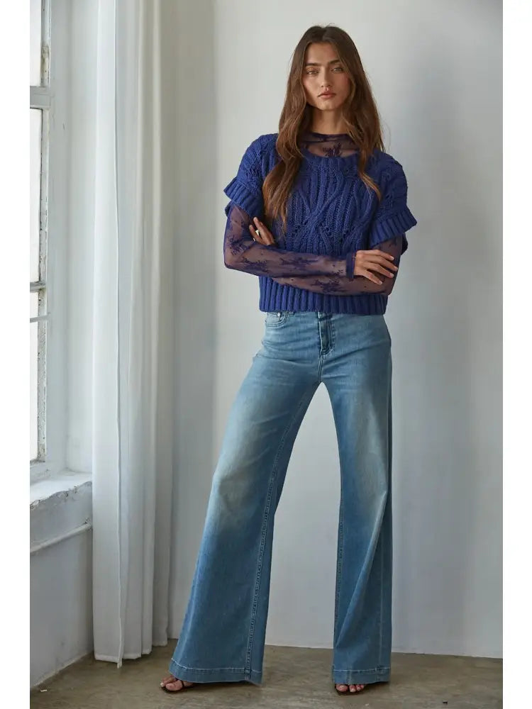 Sweater Knit Crochet Round Neck Short Sleeve Top-Navy