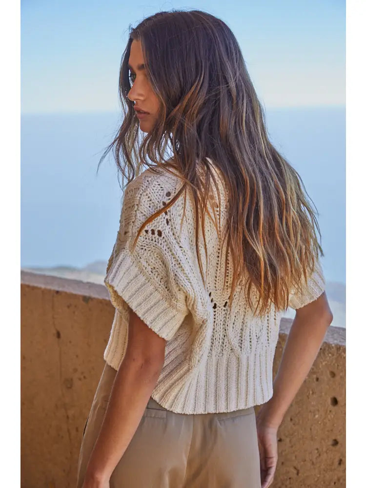 Sweater Knit Crochet Round Neck Short Sleeve Top-Cream