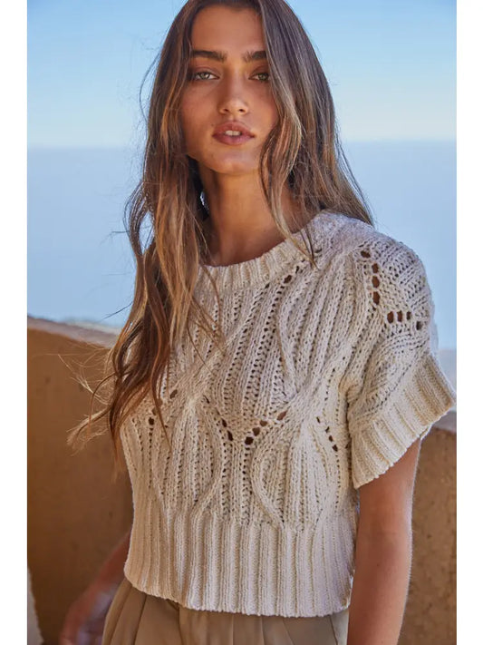 Sweater Knit Crochet Round Neck Short Sleeve Top-Cream