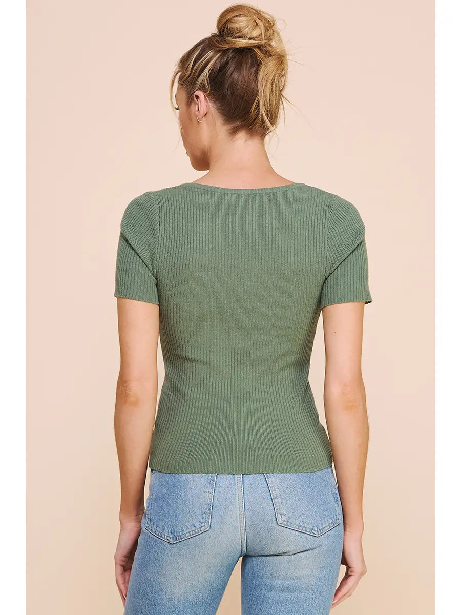 Square Neck Ribbed Fine Gauze Top-Ivy