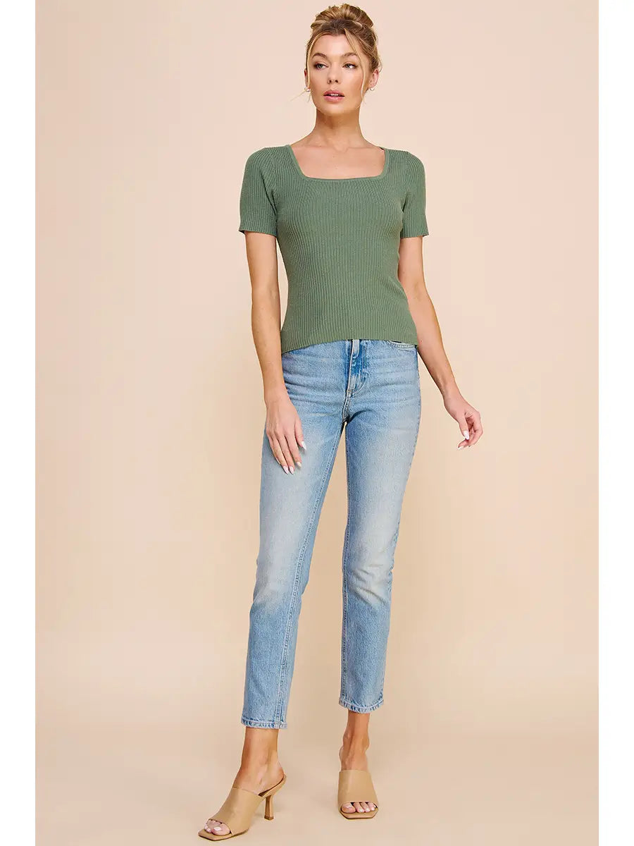 Square Neck Ribbed Fine Gauze Top-Ivy