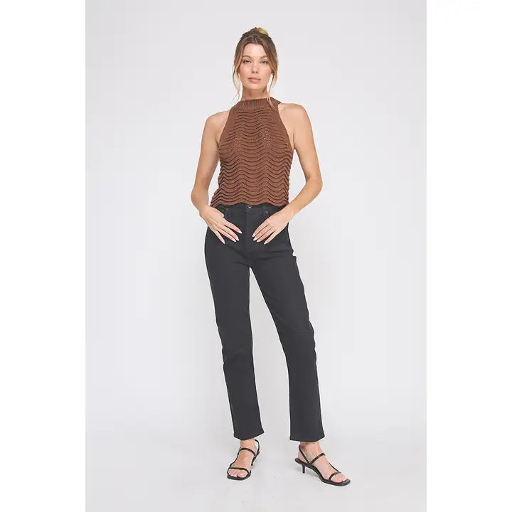 Wavy & Scallop Patterned Knit Halter Top-Brown