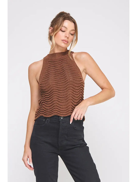 Wavy & Scallop Patterned Knit Halter Top-Brown