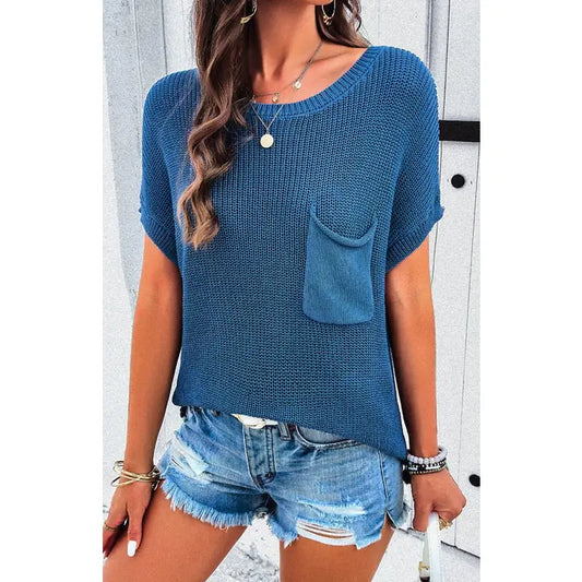 Knit Round Neck Top-Blue