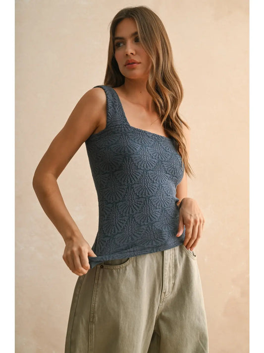 Washed Look Detail Textured Knitted Top-Navy