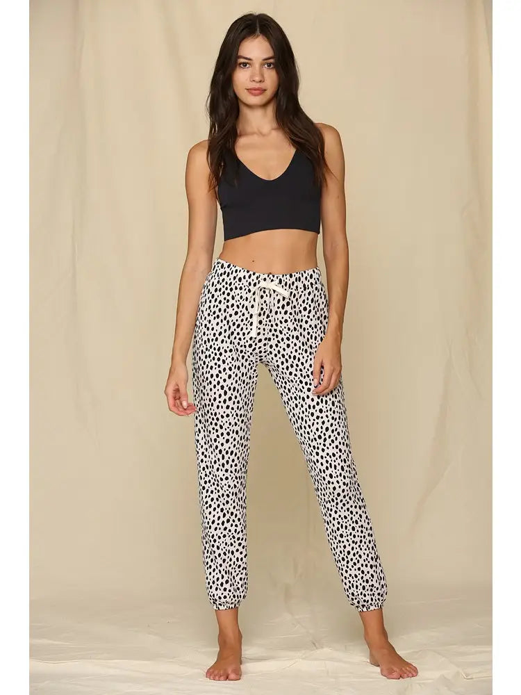 Knit French Terry Leopard Printed Joggers-Black/Beige