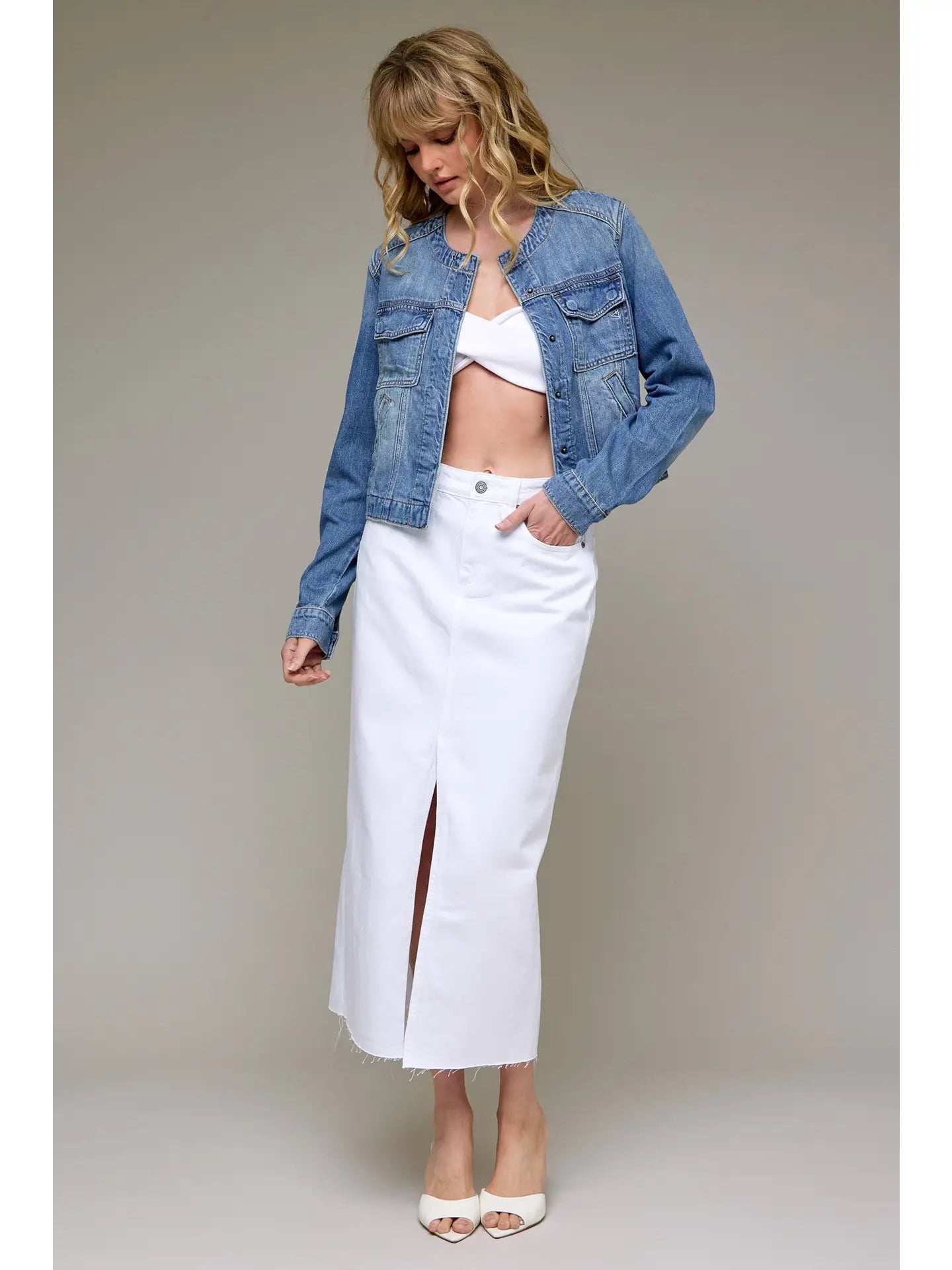 Collarless Trucker Jacket-Medium Light