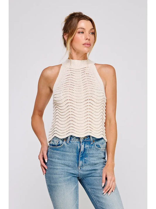 Wavy & Scallop Patterned Knit Halter Top-Cream