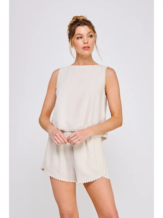 Soft Linen Blend Top Crochet Lace Trim-Natural